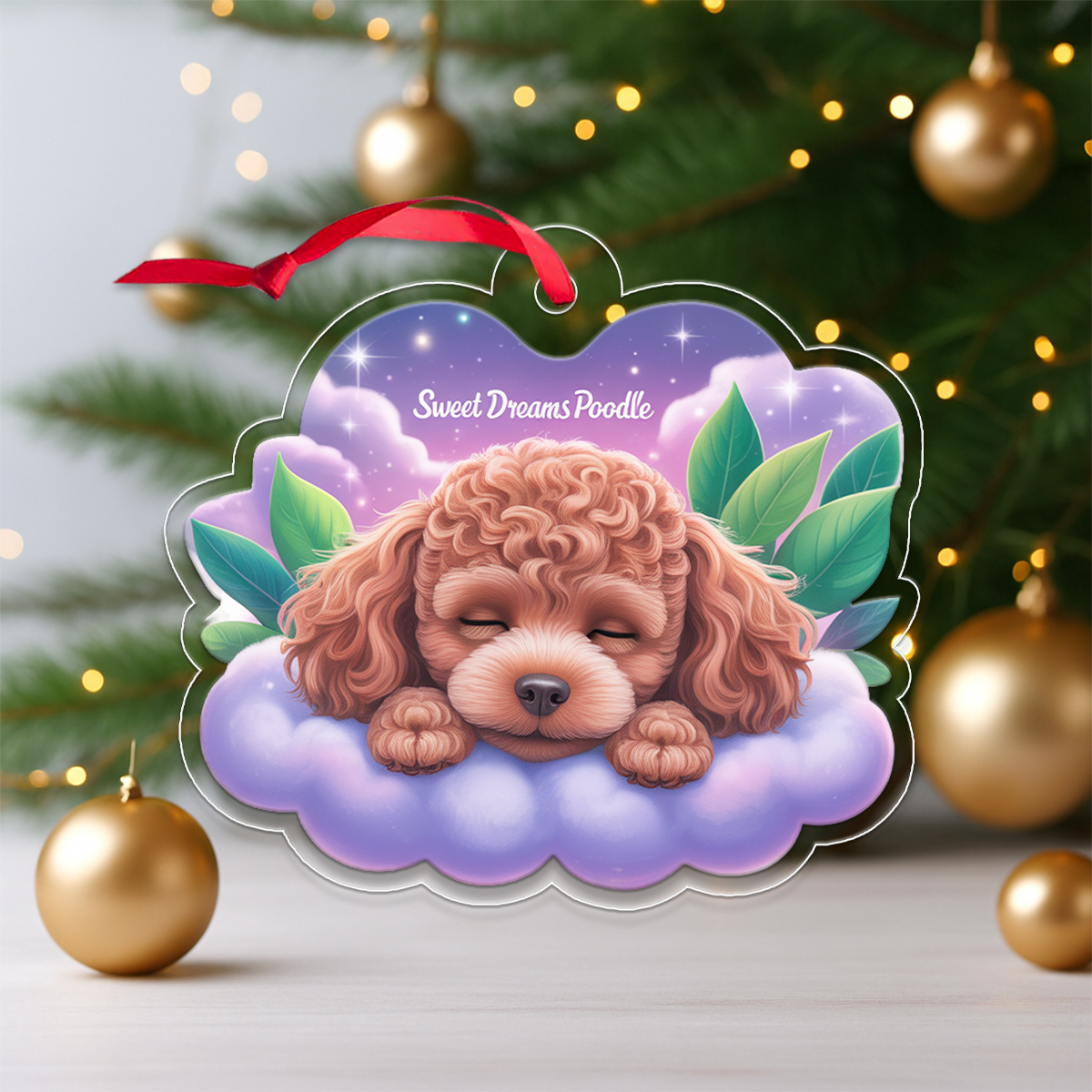 Poodle Sleep On Fallen Leaves Acrylic Ornaments2