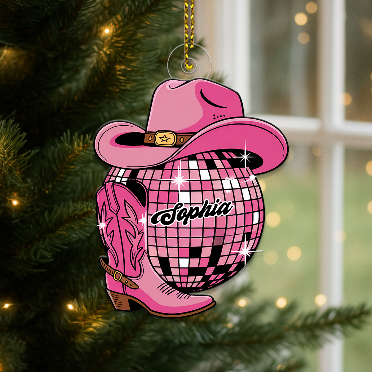 Custom Name Cowboy Boots And Disco Ball Acrylic Ornament Christmas Gift