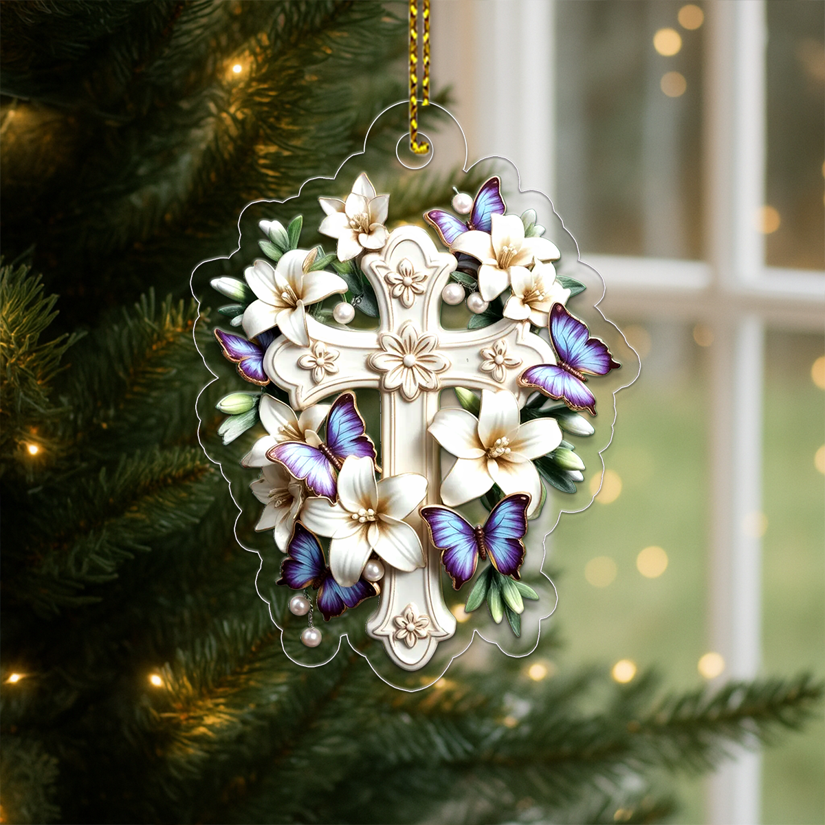 Custom Name Lily & Butterfly Cross Collection Acrylic Ornament Christmas Gift