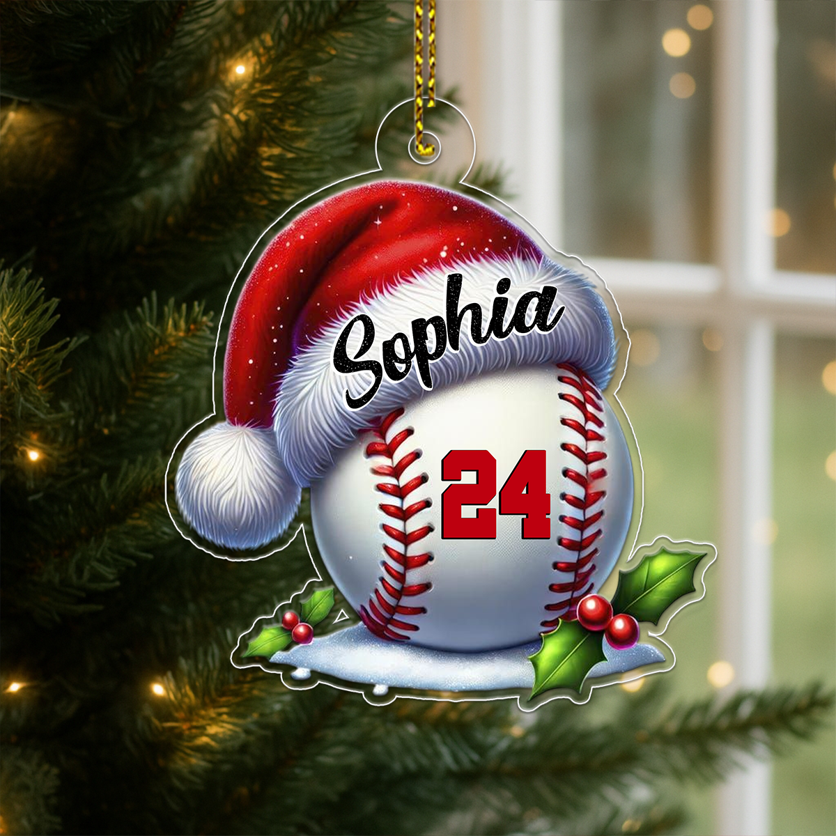 Custom Name Baseball Santa Hat Acrylic Ornament Christmas Gift