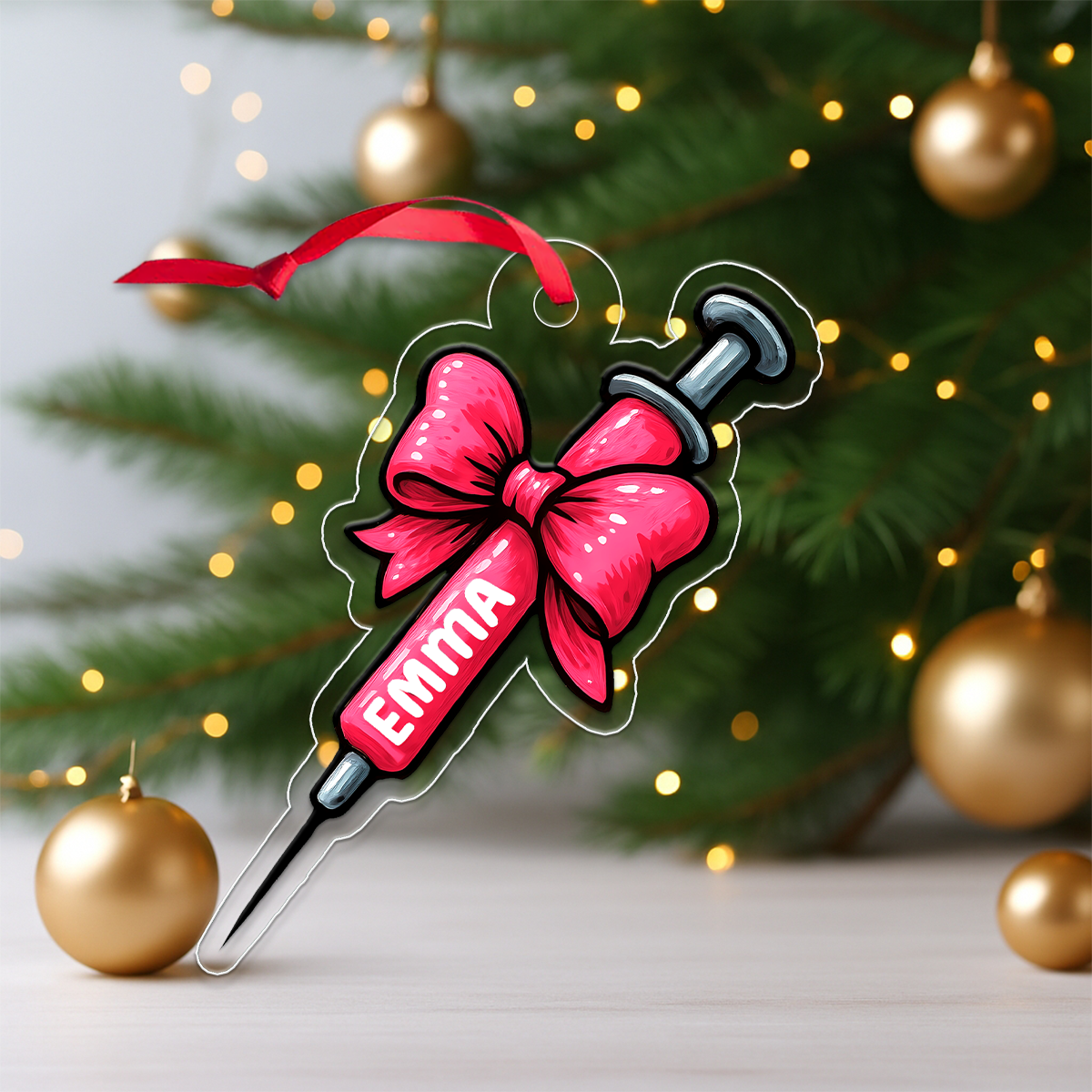 Personalized Bow Syringe Ornament, Custom Christmas Ornament, Nurse Ornament, Doctor Gift, Funny Medical Ornament, Healthcare Holiday Decor