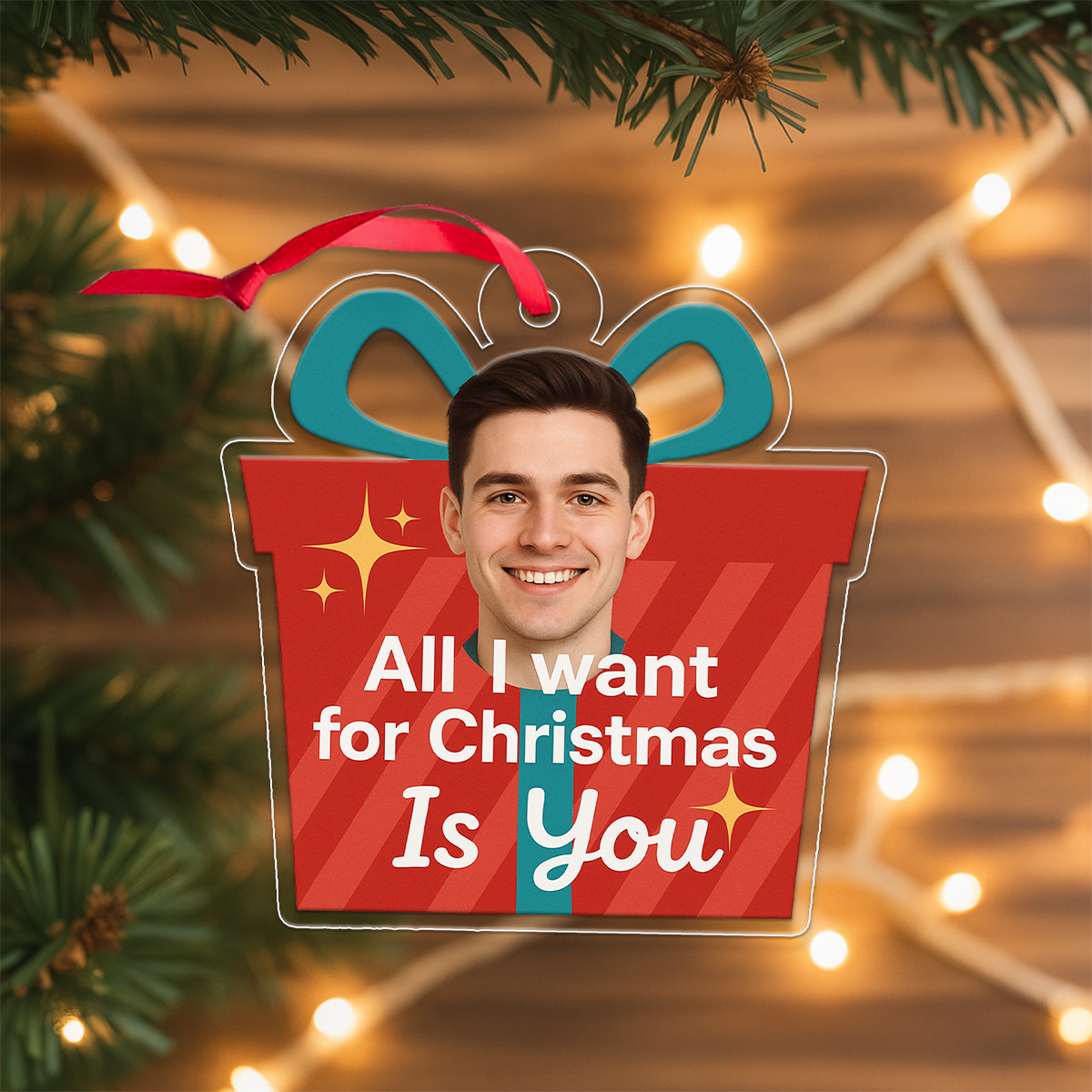 Custom Photo All I Want For Christmas Is You Gift Box Ornament, Funny Ornament, Holiday Keepsake Gift, Unique Christmas Decoration
