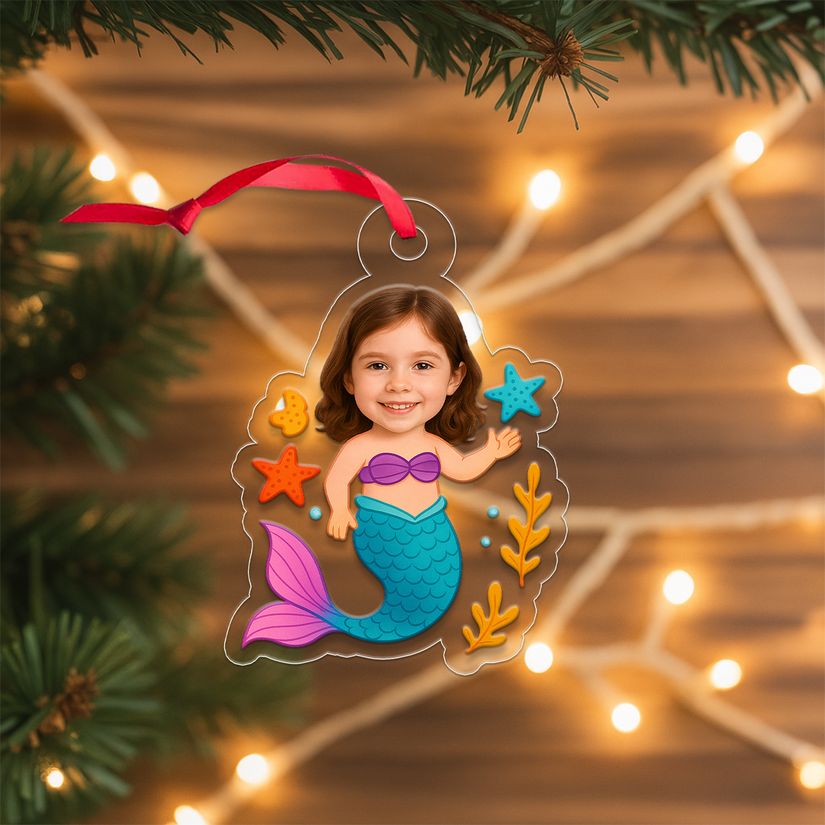 Personalized Mermaid Kids Ornament with Photo, Custom Christmas Decoration, Cute Holiday Gift for Children, Unique Xmas Ornament