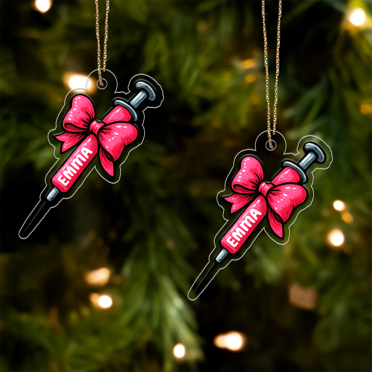 Personalized Bow Syringe Ornament, Custom Christmas Ornament, Nurse Ornament, Doctor Gift, Funny Medical Ornament, Healthcare Holiday Decor