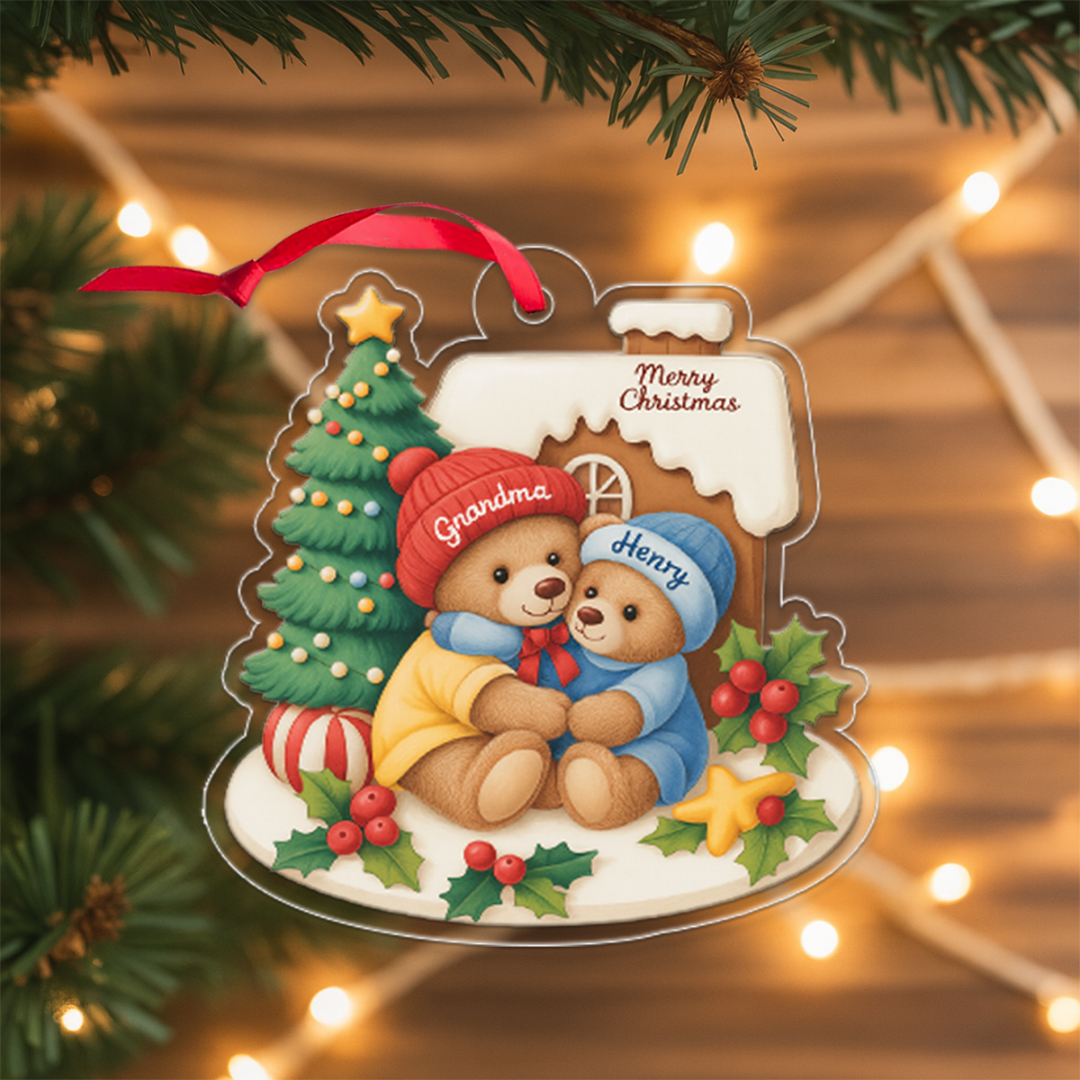 Grandma Bear Hugging Grandkids Personalized Acrylic Ornament2