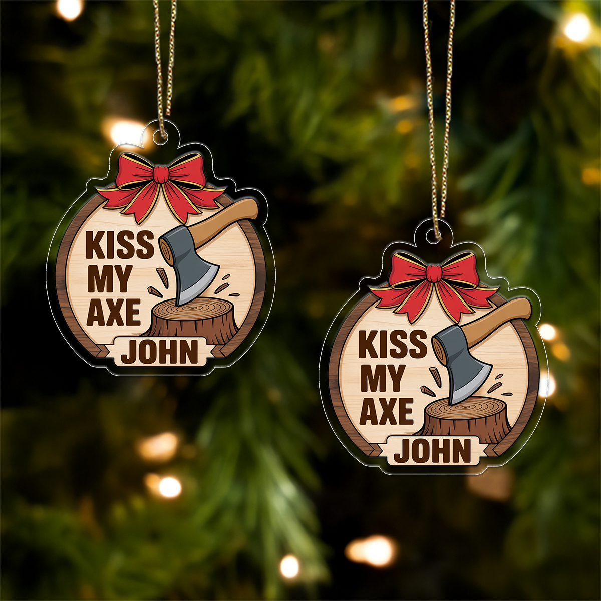 Personalized Kiss My Axe Adult Ornament, Funny Custom Christmas Tree Decoration, Lumberjack Gift, Woodworker Ornament, Holiday Gag Gift Idea