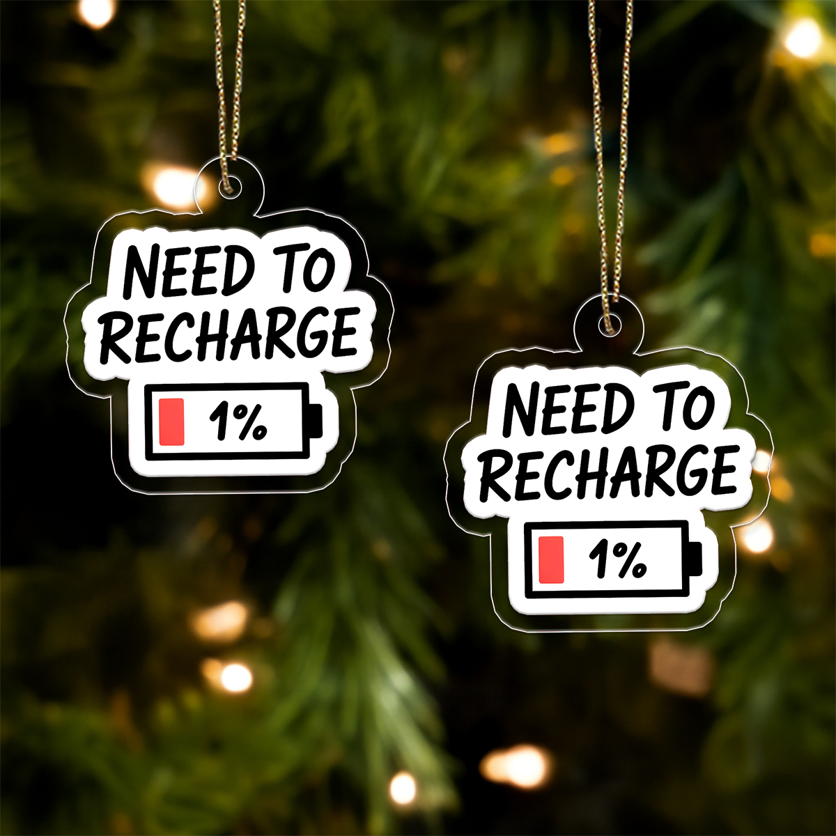 Funny Need To Recharge One Percent Ornament, Battery Ornament, Custom Tech Christmas Ornament, Gamer Gift, Low Power Gag Gift