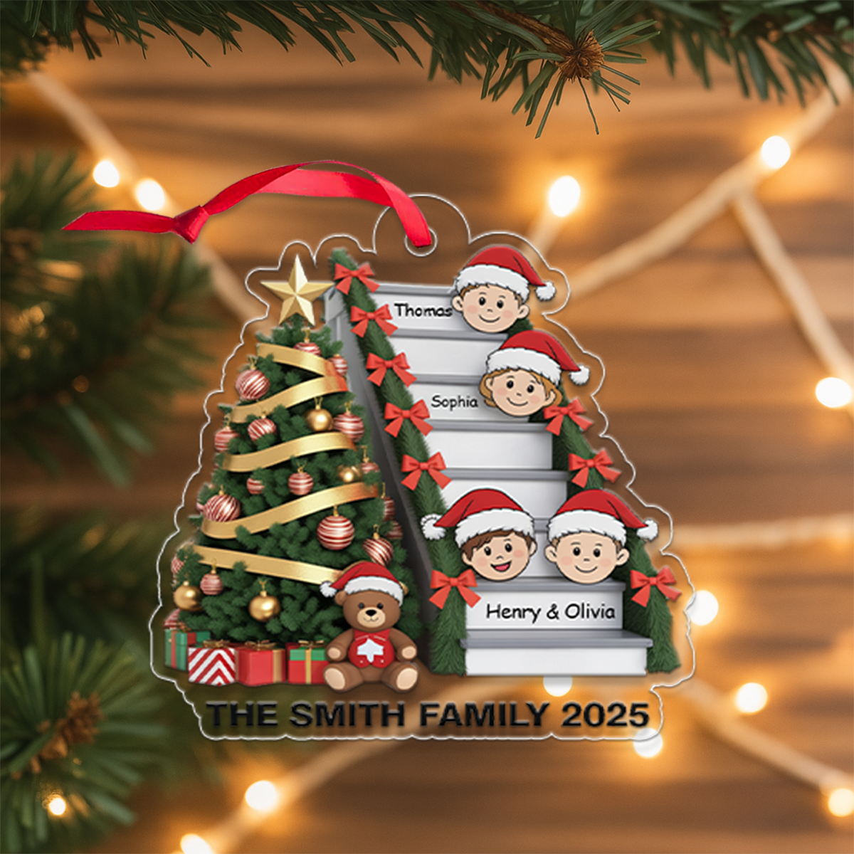 Family Members On Christmas Stairs Personalized Acrylic Ornament