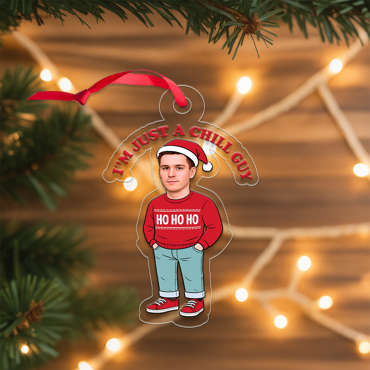 Custom Photo I'm Just A Chill Guy Ornament, Personalized Funny Christmas Ornament, Gag Gift Holiday Decoration, Unique Xmas Ornament