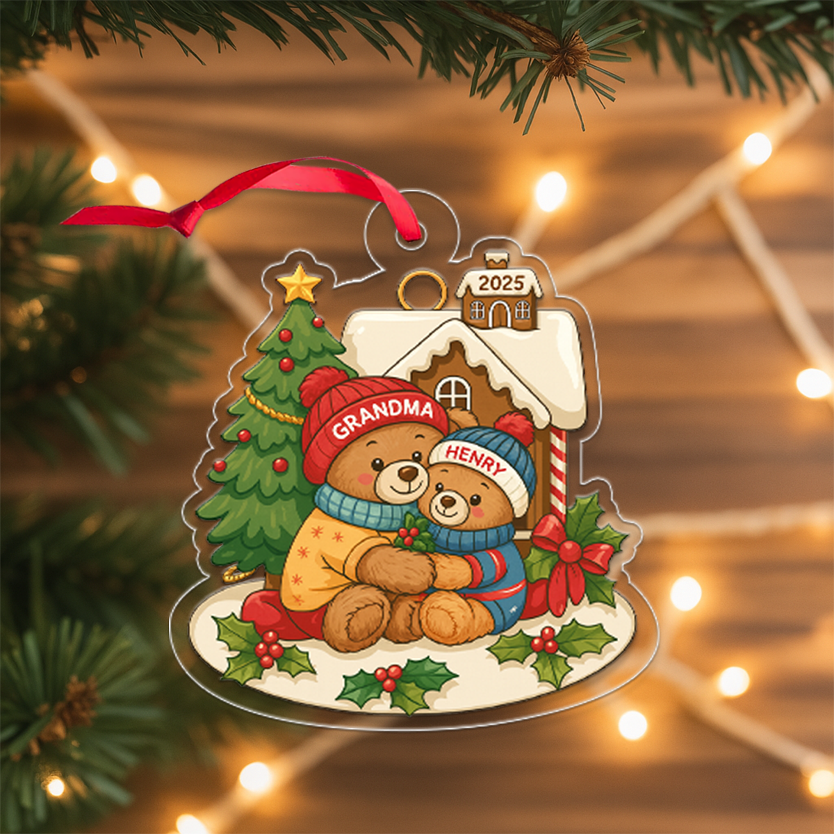 Grandma Bear Hugging Grandkids Personalized Acrylic Ornament