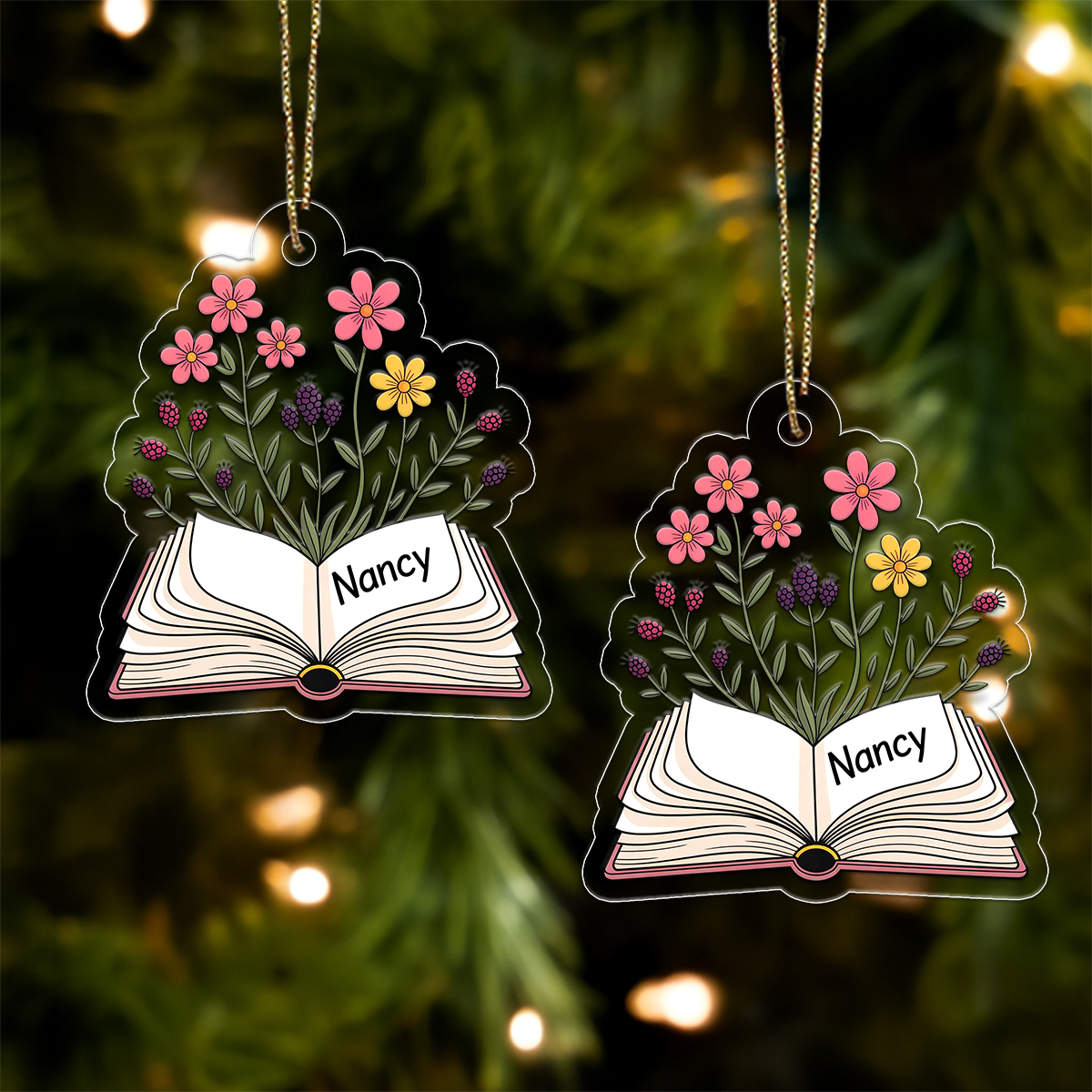 Personalized Flowers Growing From Book Ornament, Custom Book Lover Christmas Ornament, Teacher Gift, Literary Ornament, Holiday Keepsake