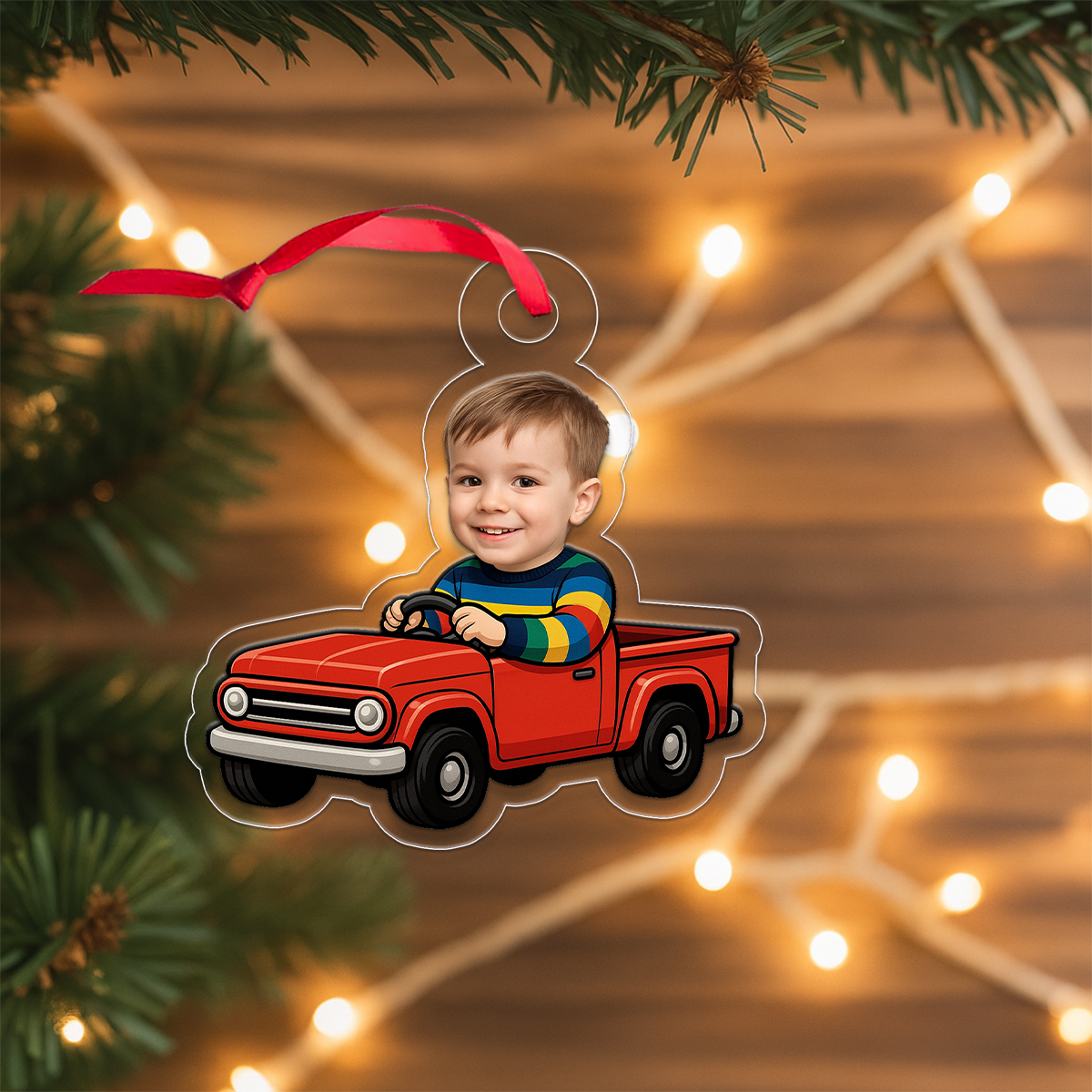 Personalized Red Truck Ornament with Custom Face Photo, Funny Christmas Ornament, Holiday Keepsake, Kids Ornament