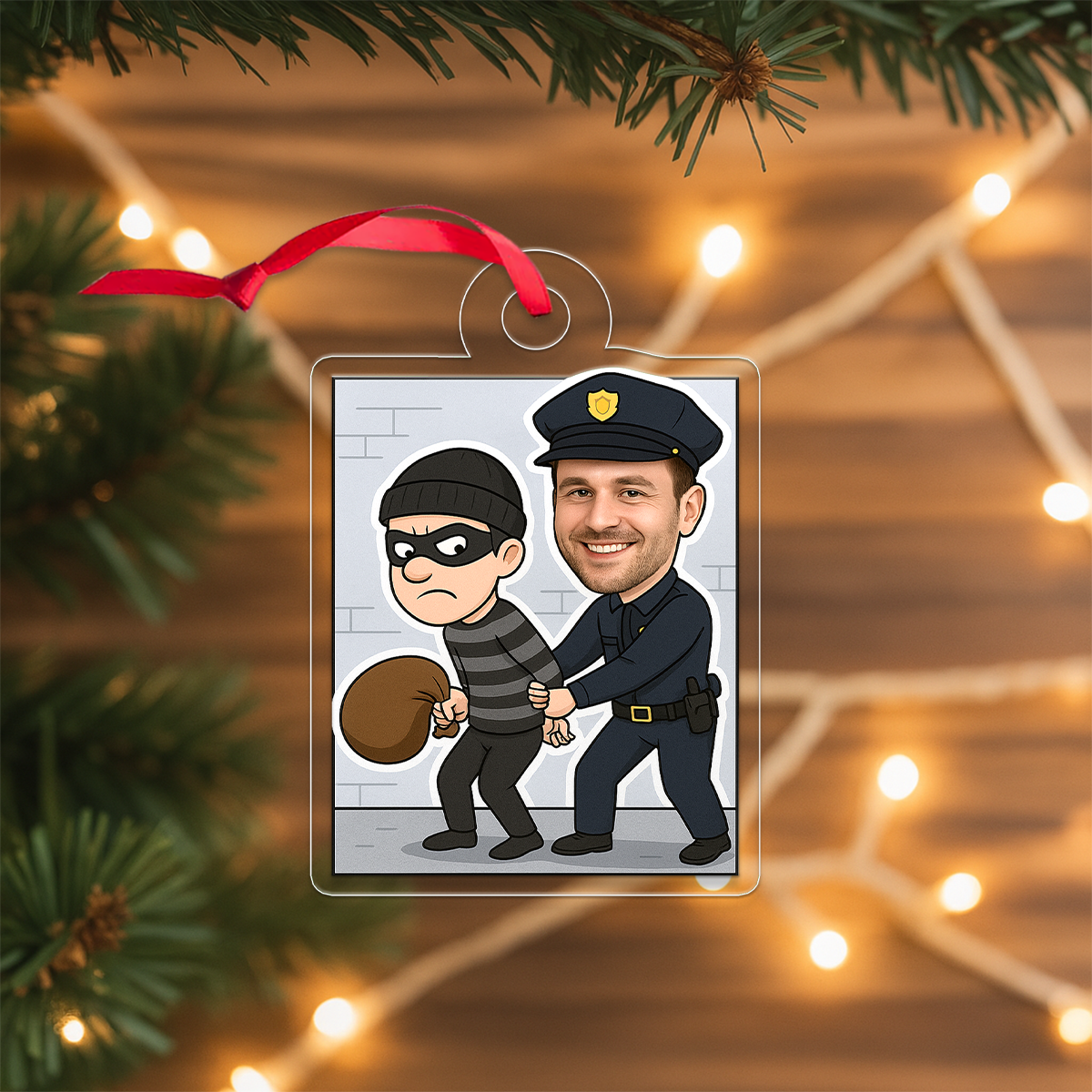 Custom Photo Police Caught the Thief Ornament, Personalized Law Enforcement Christmas Ornament, Police Officer Holiday Gift