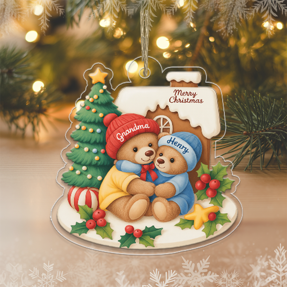 Grandma Bear Hugging Grandkids Personalized Acrylic Ornament2