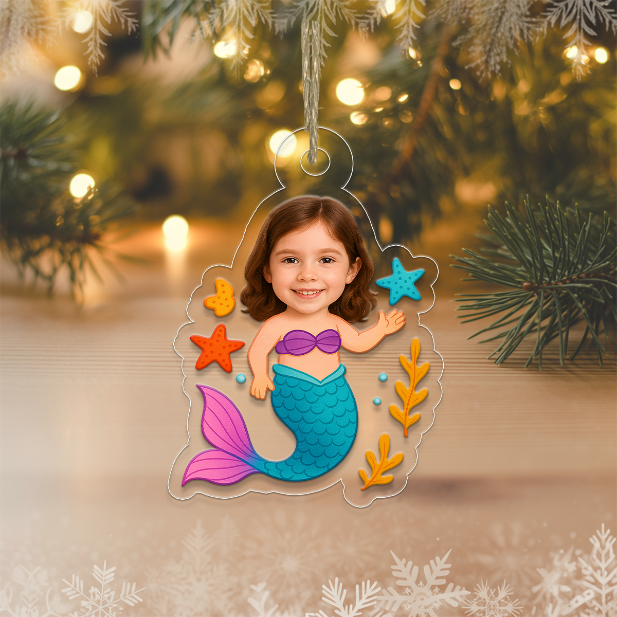 Personalized Mermaid Kids Ornament with Photo, Custom Christmas Decoration, Cute Holiday Gift for Children, Unique Xmas Ornament