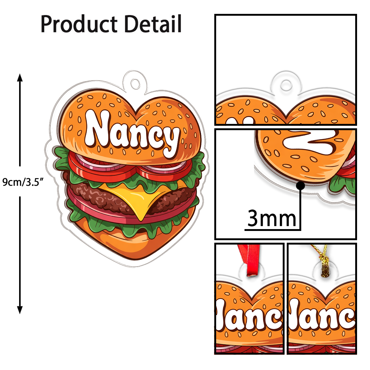 Personalized Heart Hamburger Ornament, Custom Gift for Food Lovers, Funny Ornament, Custom Holiday Ornament