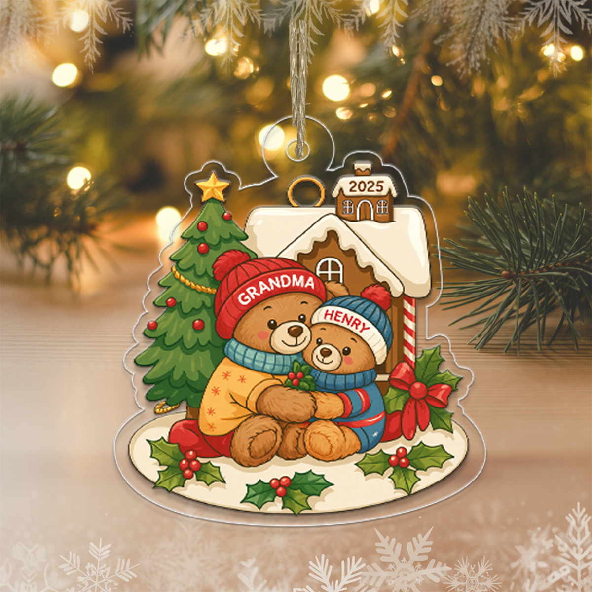 Grandma Bear Hugging Grandkids Personalized Acrylic Ornament