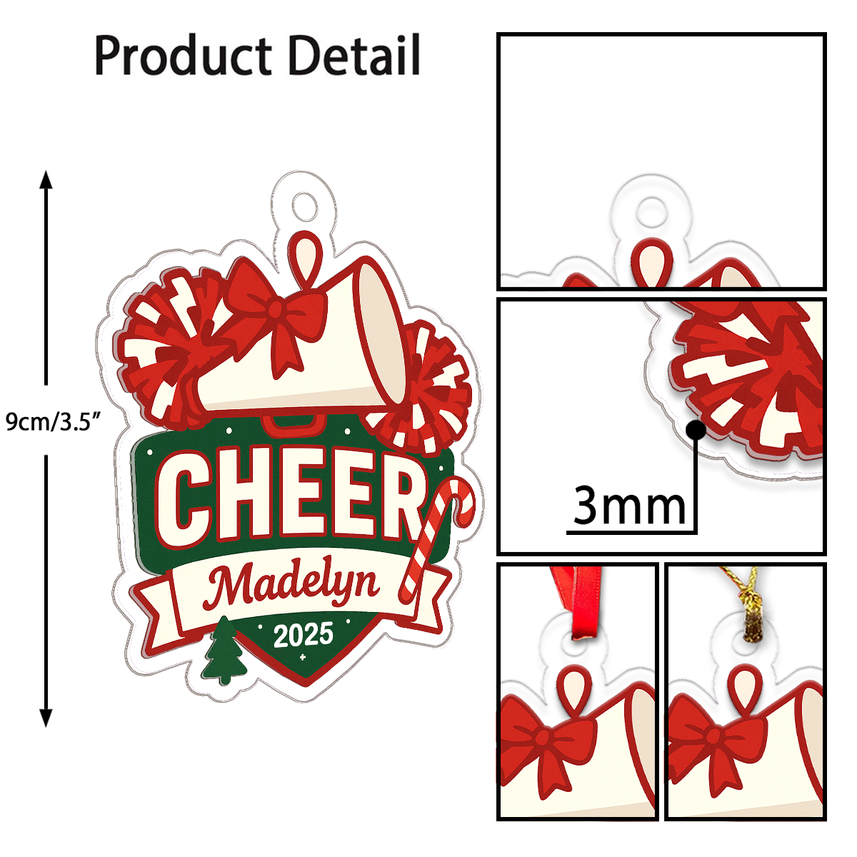 Custom Name Cheerleader, Pom-Poms, Megaphone Acrylic Ornament Christmas Gift