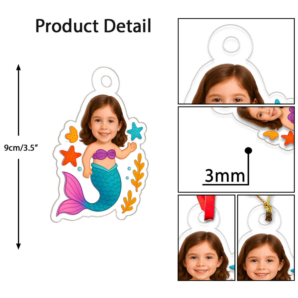 Personalized Mermaid Kids Ornament with Photo, Custom Christmas Decoration, Cute Holiday Gift for Children, Unique Xmas Ornament