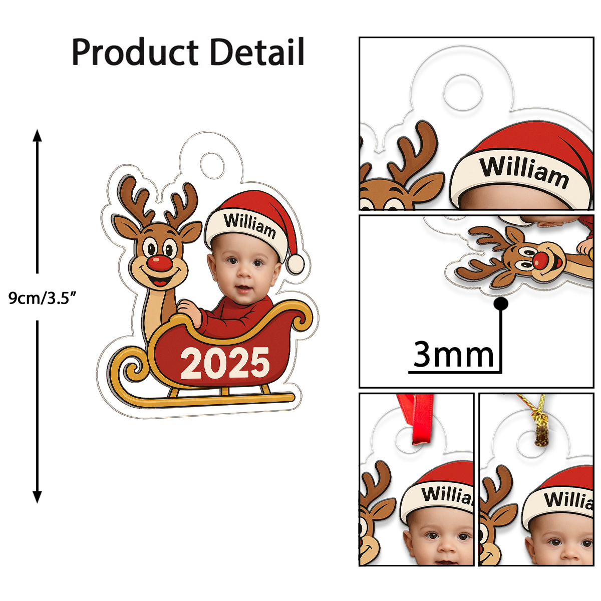 Personalized Baby Reindeer Ornament, Custom Baby Photo Christmas Ornament, Family Keepsake Decoration, Baby’s First Xmas Ornament