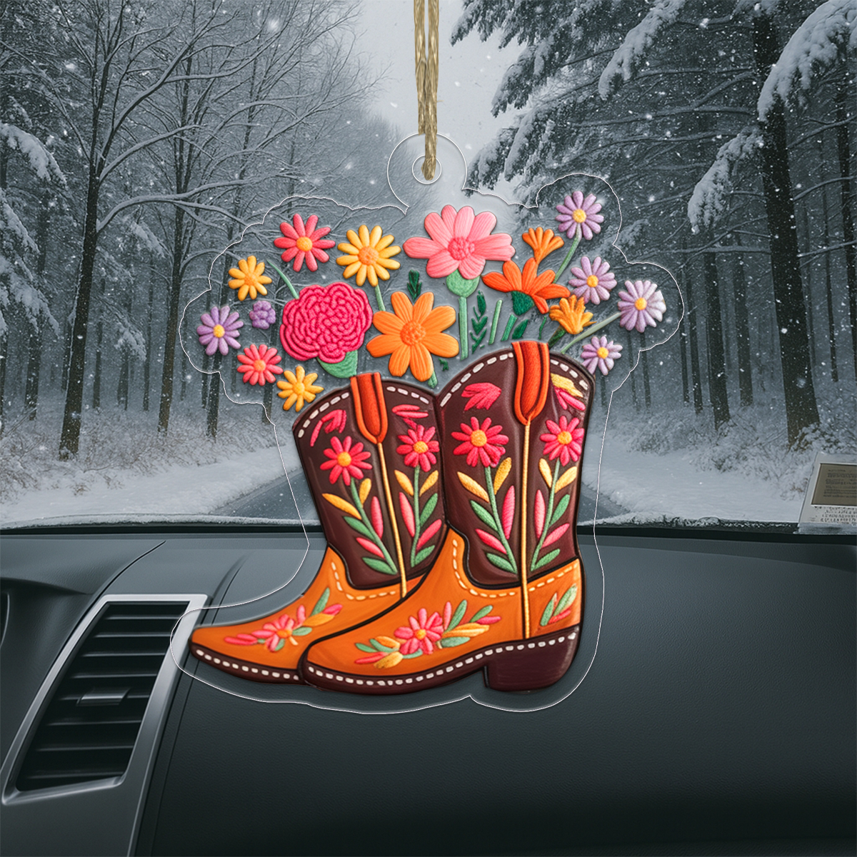 Custom Name Flower Cowgirl Boots Acrylic Ornament Christmas Gift
