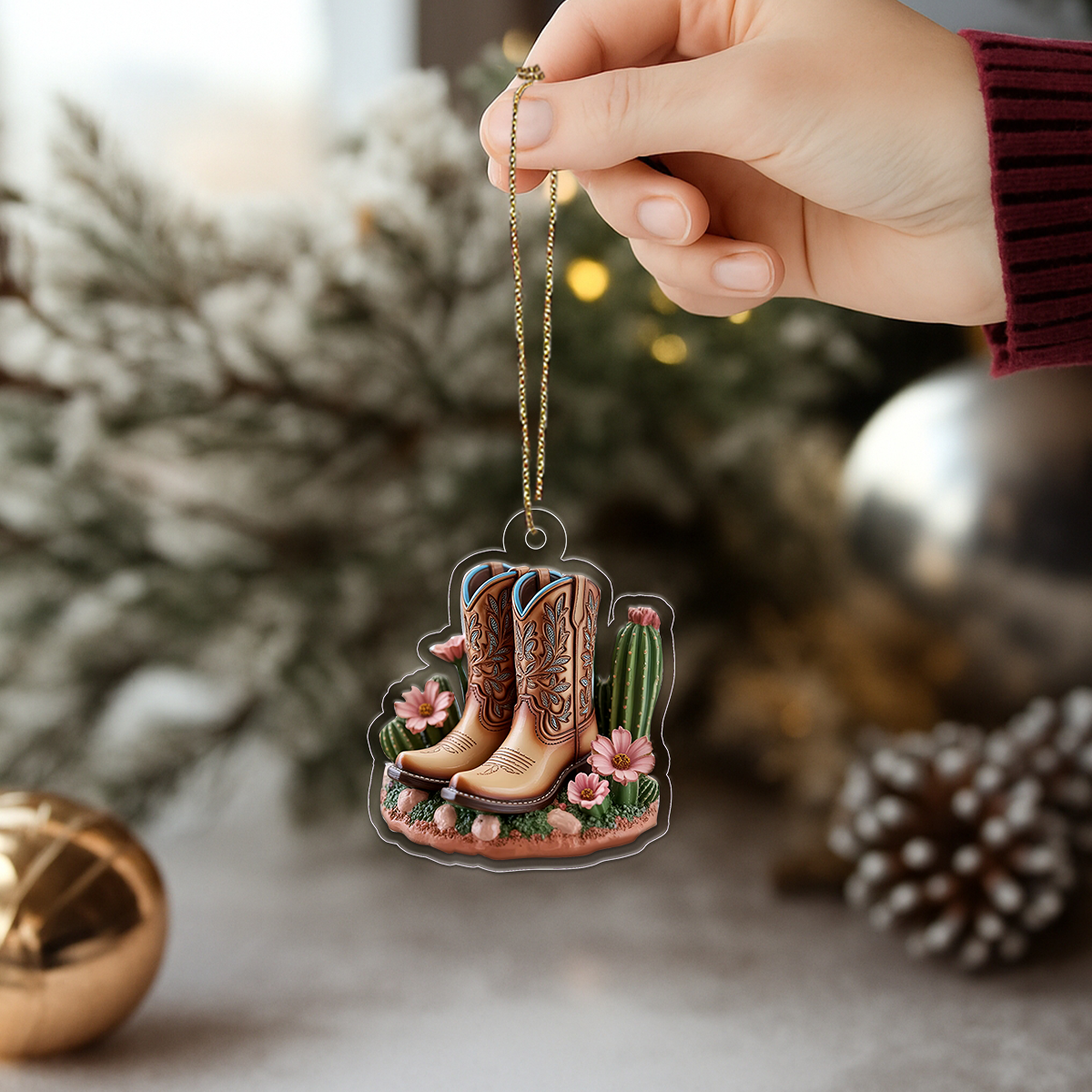 Blooming Western Charm Cowboy Boot Acrylic Ornament Christmas Gift