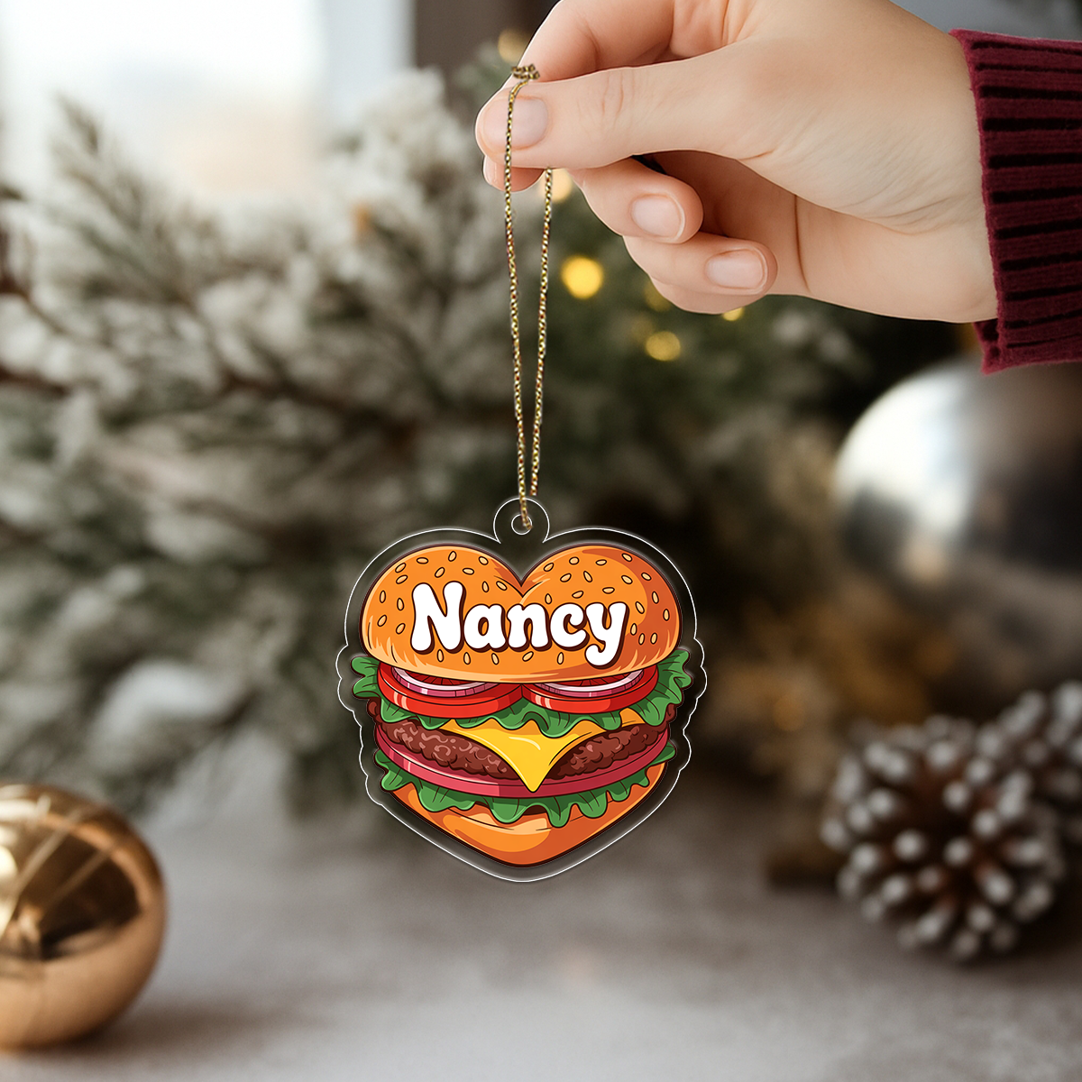 Personalized Heart Hamburger Ornament, Custom Gift for Food Lovers, Funny Ornament, Custom Holiday Ornament