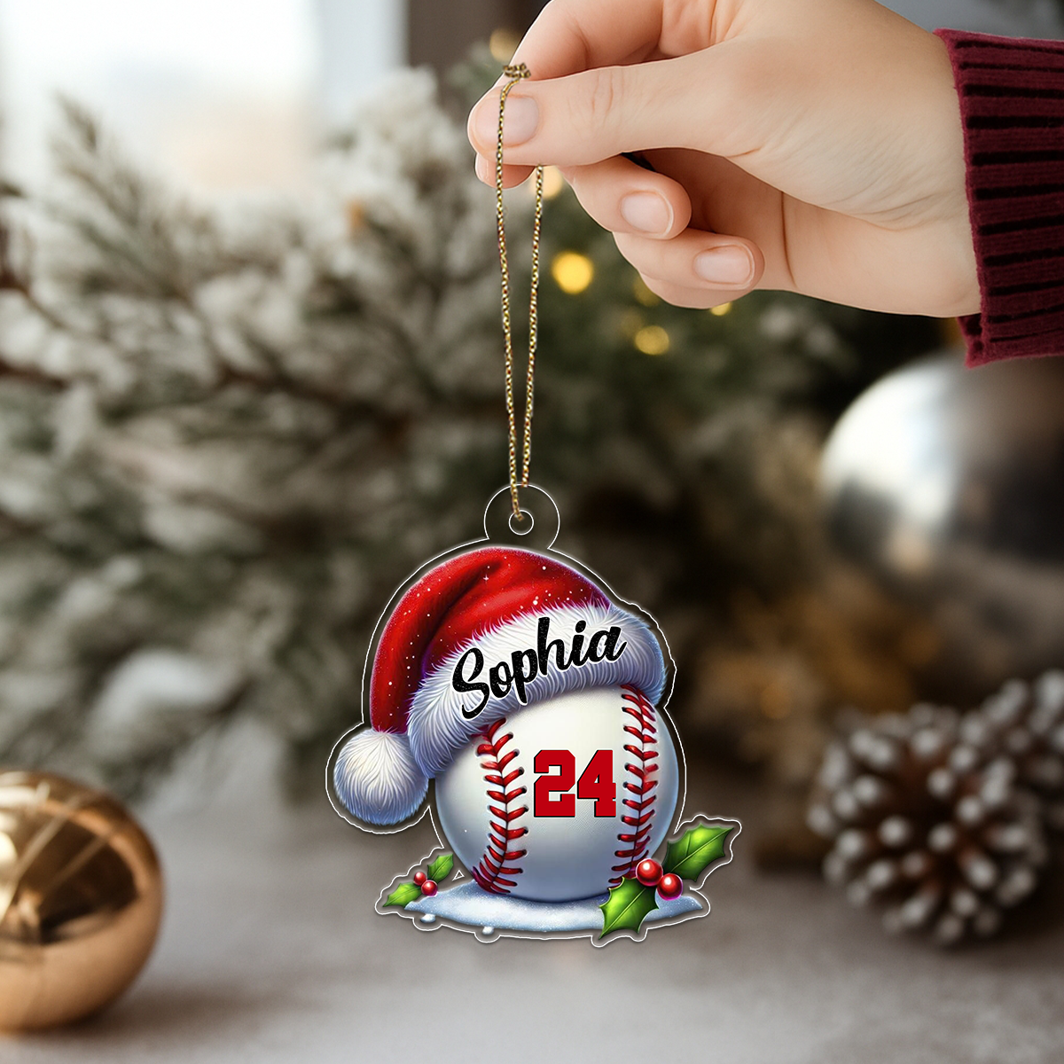 Custom Name Baseball Santa Hat Acrylic Ornament Christmas Gift