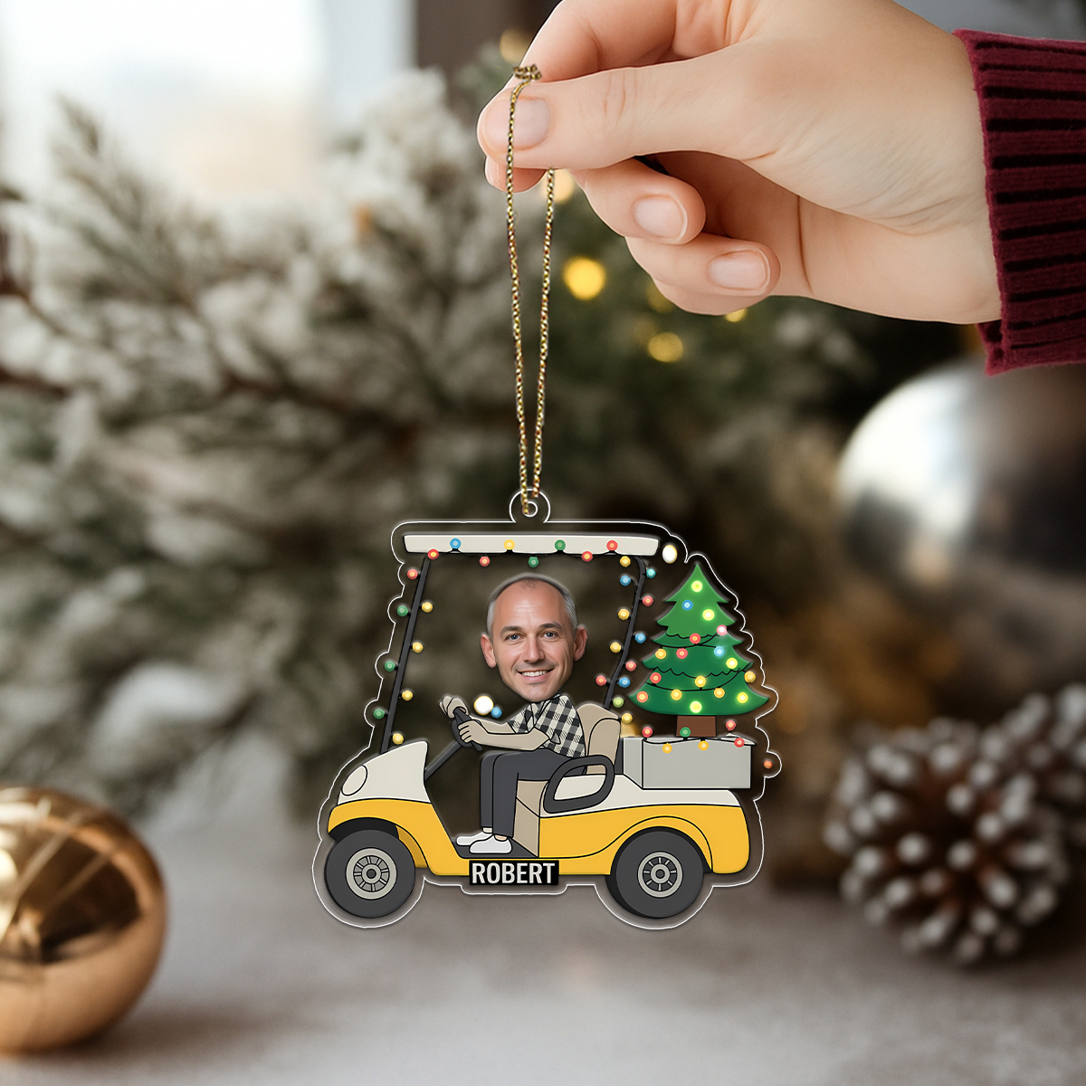 Custom Photo Funny Face Golf Cart Acrylic Ornament Christmas Gift