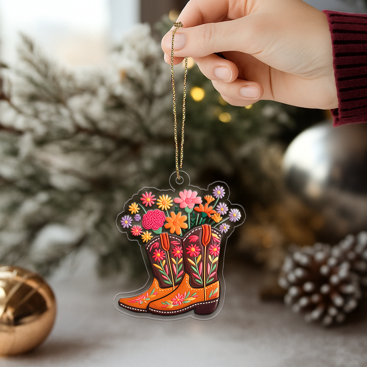 Custom Name Flower Cowgirl Boots Acrylic Ornament Christmas Gift