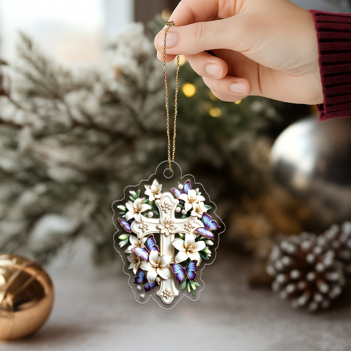 Custom Name Lily & Butterfly Cross Collection Acrylic Ornament Christmas Gift
