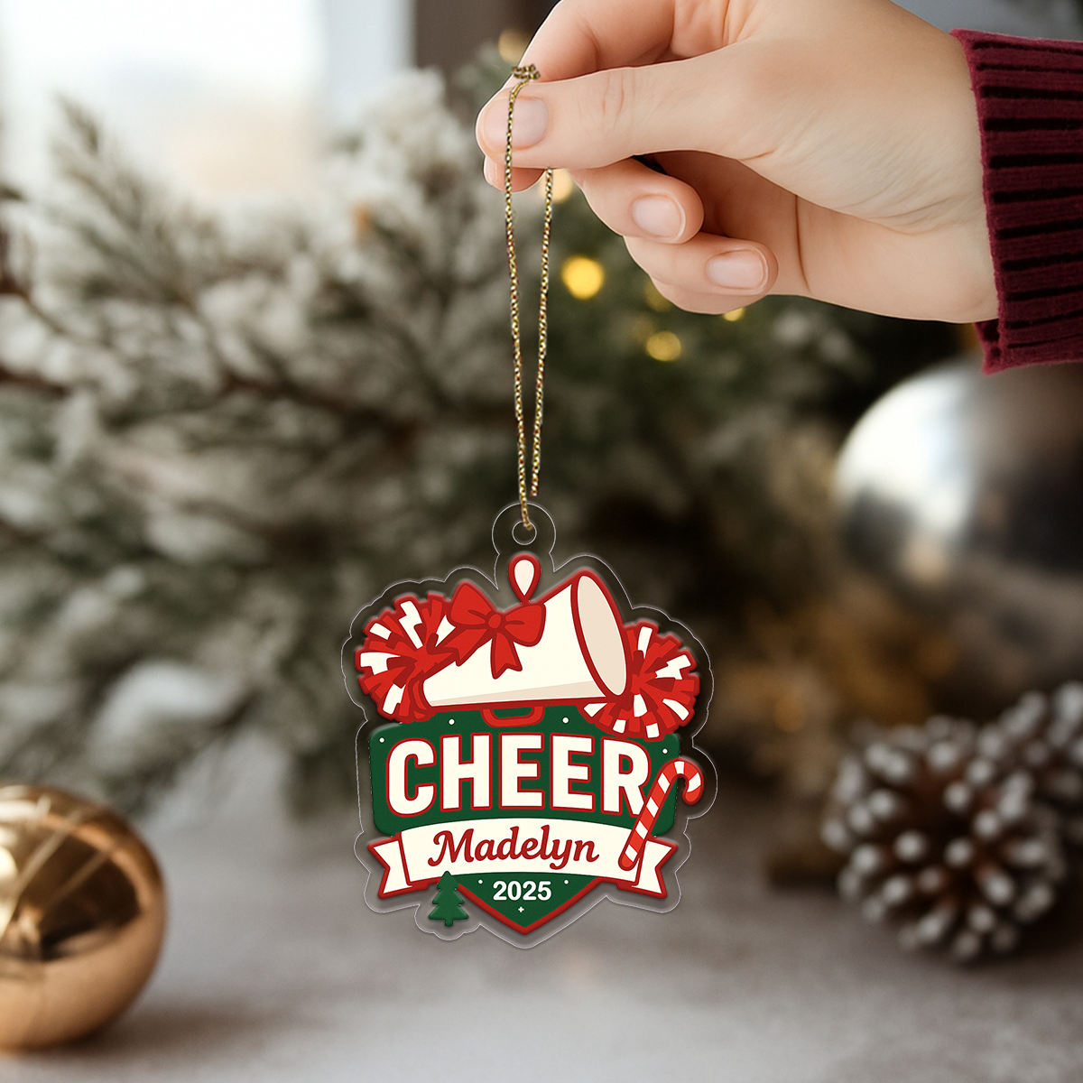 Custom Name Cheerleader, Pom-Poms, Megaphone Acrylic Ornament Christmas Gift