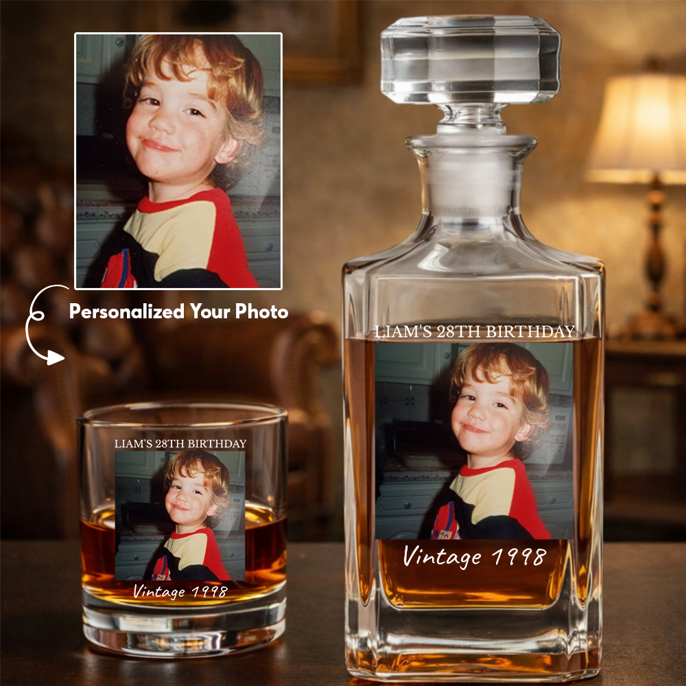 Custom Photo Birthday Whiskey Decanter, Engraved Bourbon Bottle Gift THUC99