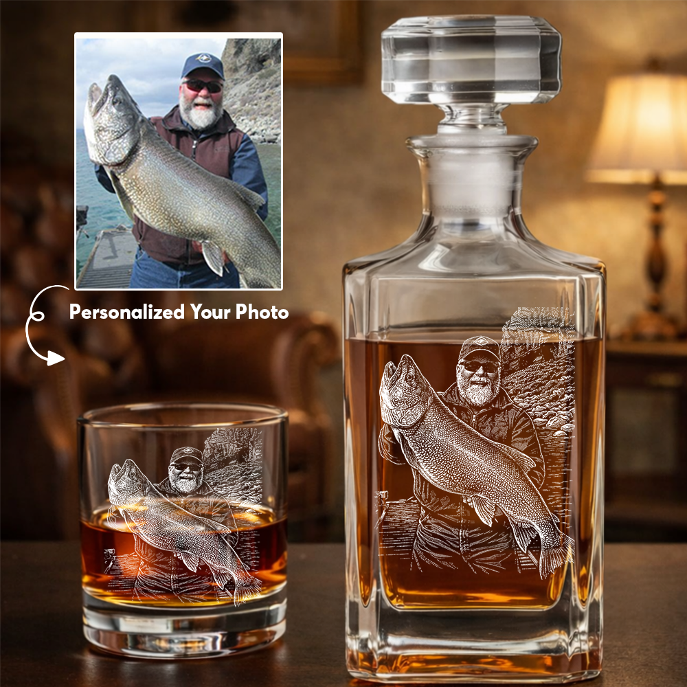 Custom Photo Fishing Whiskey Decanter Set, Engraved Whisket Glass Gift THUC99