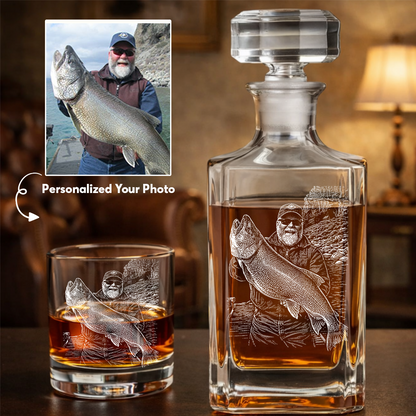 Custom Photo Fishing Whiskey Decanter Set, Engraved Whisket Glass Gift THUC99
