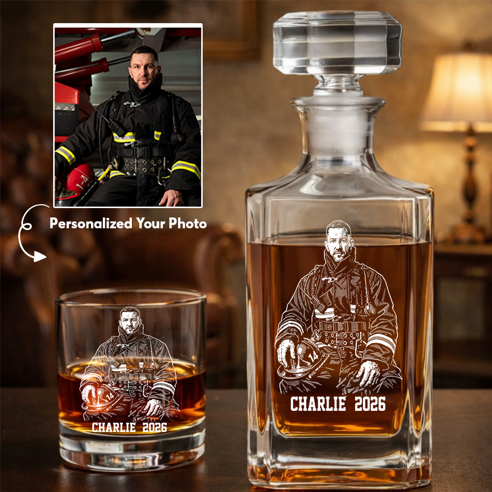 Custom Photo Firefighter Whiskey Decanter Set, Personalized Name For Dad, Retirement Gift THUC99