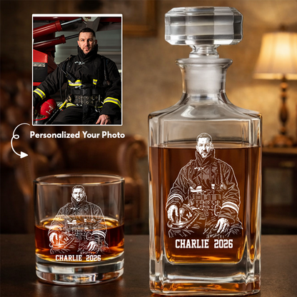 Custom Photo Firefighter Whiskey Decanter Set, Personalized Name For Dad, Retirement Gift THUC99