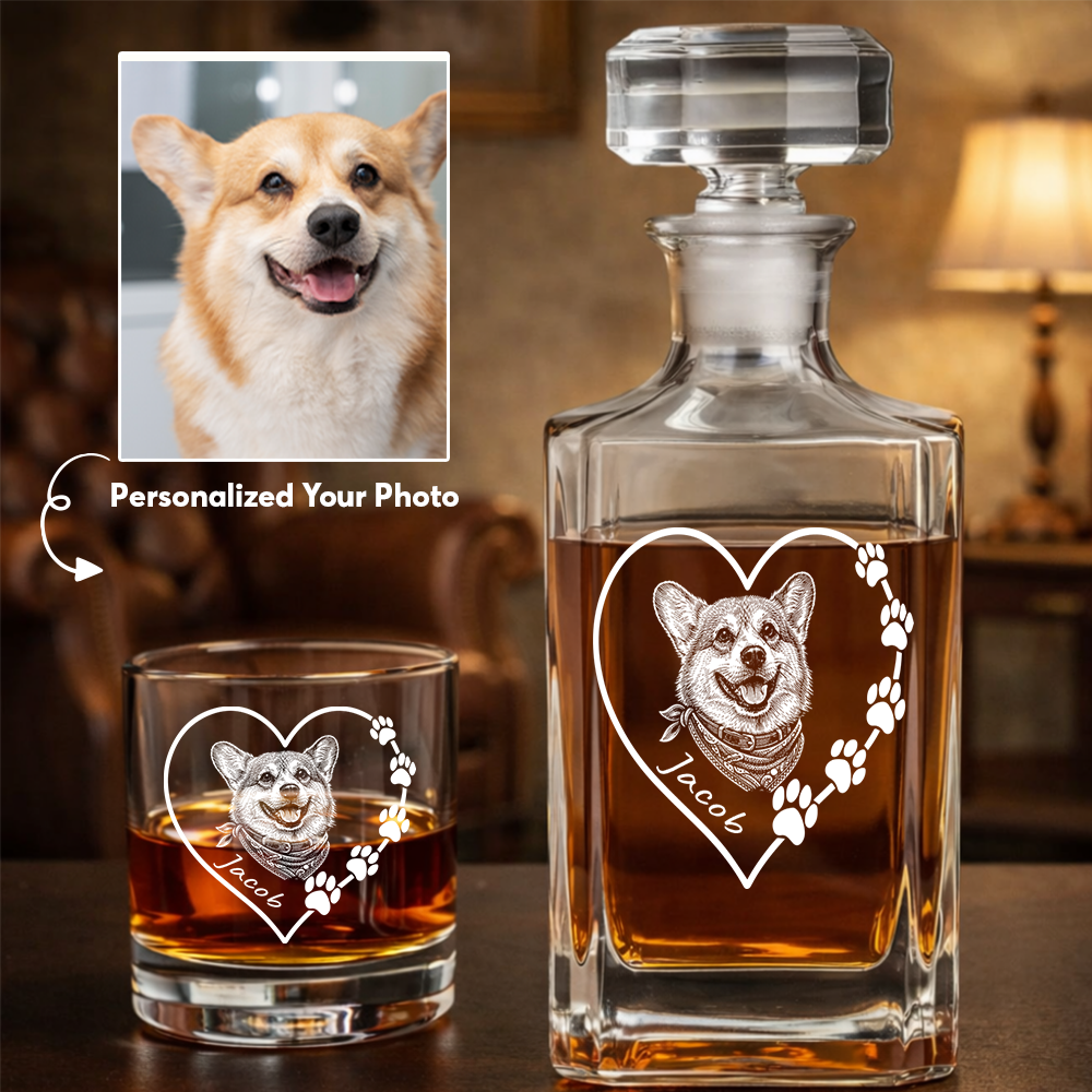 Custom Photo Dog Heart Shape Whiskey Decanter Set with Name, Dog Lover Gift THUC99