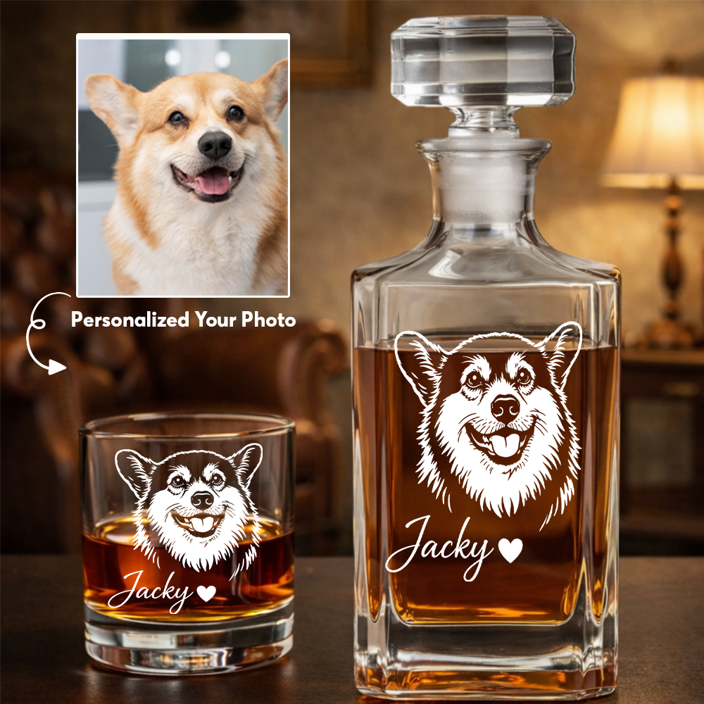 Custom Photo Dog Whiskey Decanter Set with Name, Personalized Pet Portrait Decanter, Dog Lover Gift THUC99
