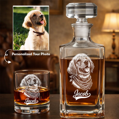 Custom Photo Dog with Name Whiskey Decanter Set, Personalized Pet Portrait Decanter, Custom Dog Lover Gift THUC99