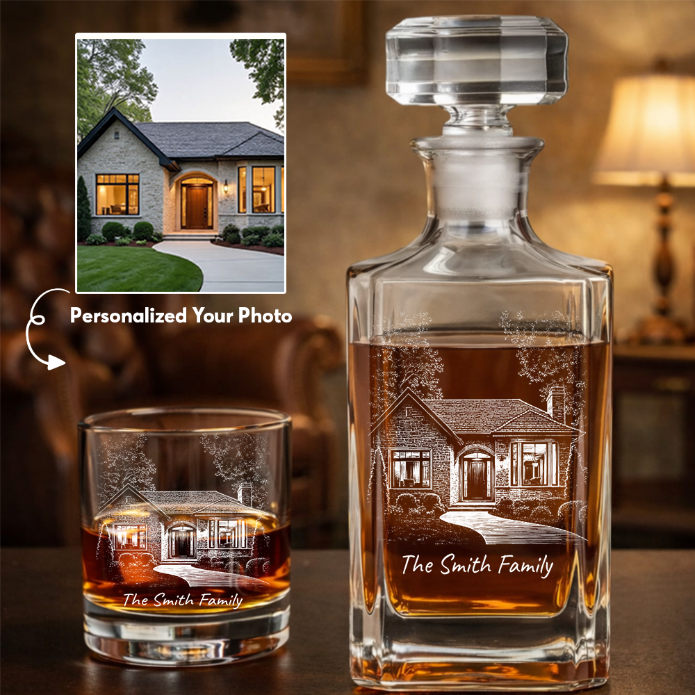 Custom Photo House Whiskey Decanter Set, Personalized Family Gift THUC99