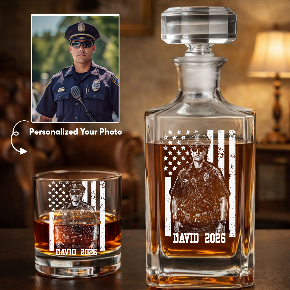 Custom Photo Police Whiskey Decanter Set, Personalized Police Officer America Flag Decanter THUC99