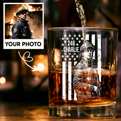 Custom Photo Firefighter American Flag Stemless Wine Glass, Personalized Firefighter Gift THUC99