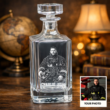 Custom Photo Firefighter Whiskey Decanter Set, Personalized Name For Dad, Retirement Gift THUC99