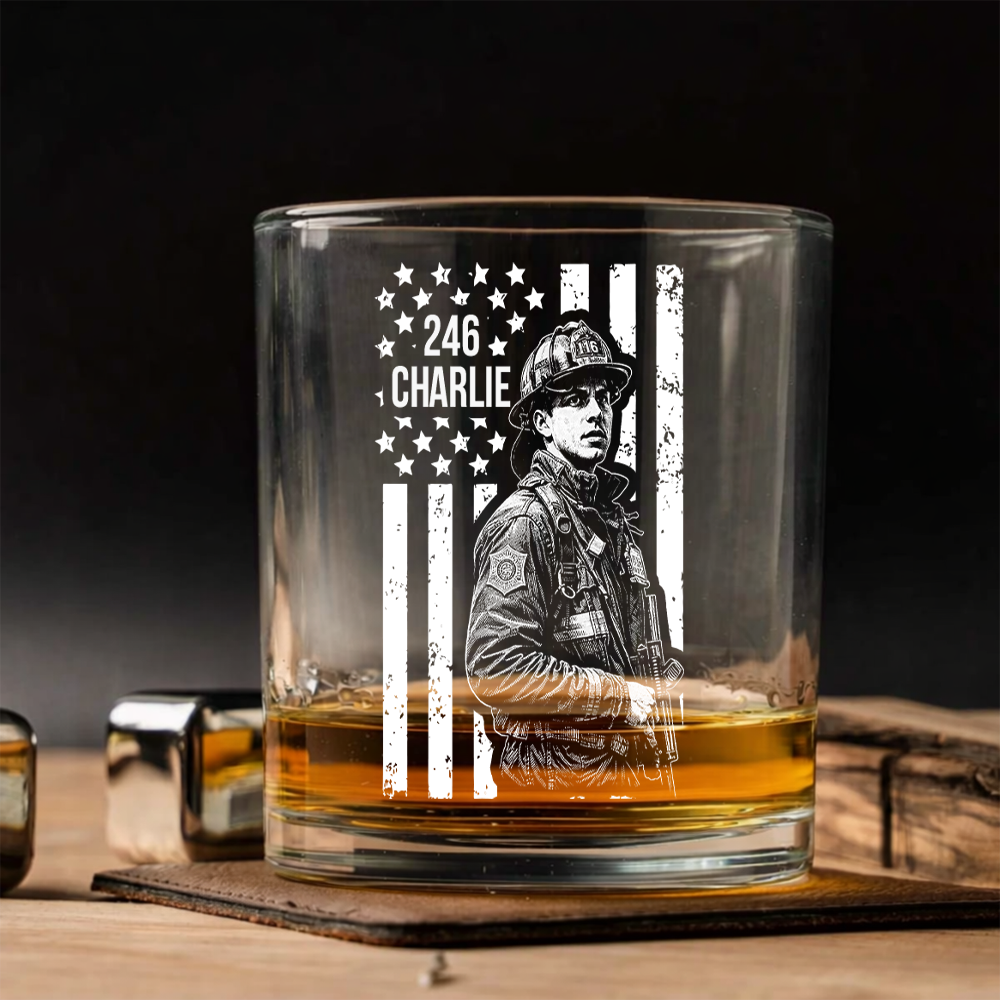Custom Photo Firefighter American Flag Stemless Wine Glass, Personalized Firefighter Gift THUC99