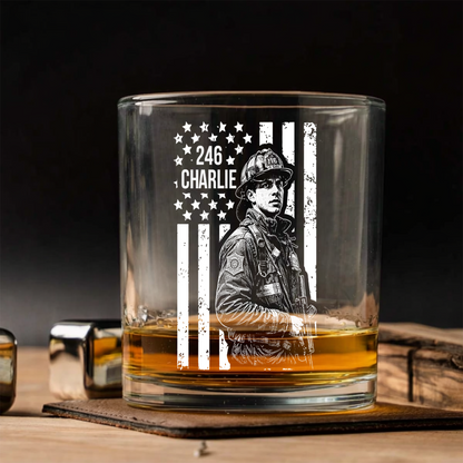 Custom Photo Firefighter American Flag Stemless Wine Glass, Personalized Firefighter Gift THUC99