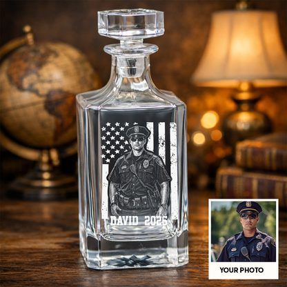 Custom Photo Police Whiskey Decanter Set, Personalized Police Officer America Flag Decanter THUC99