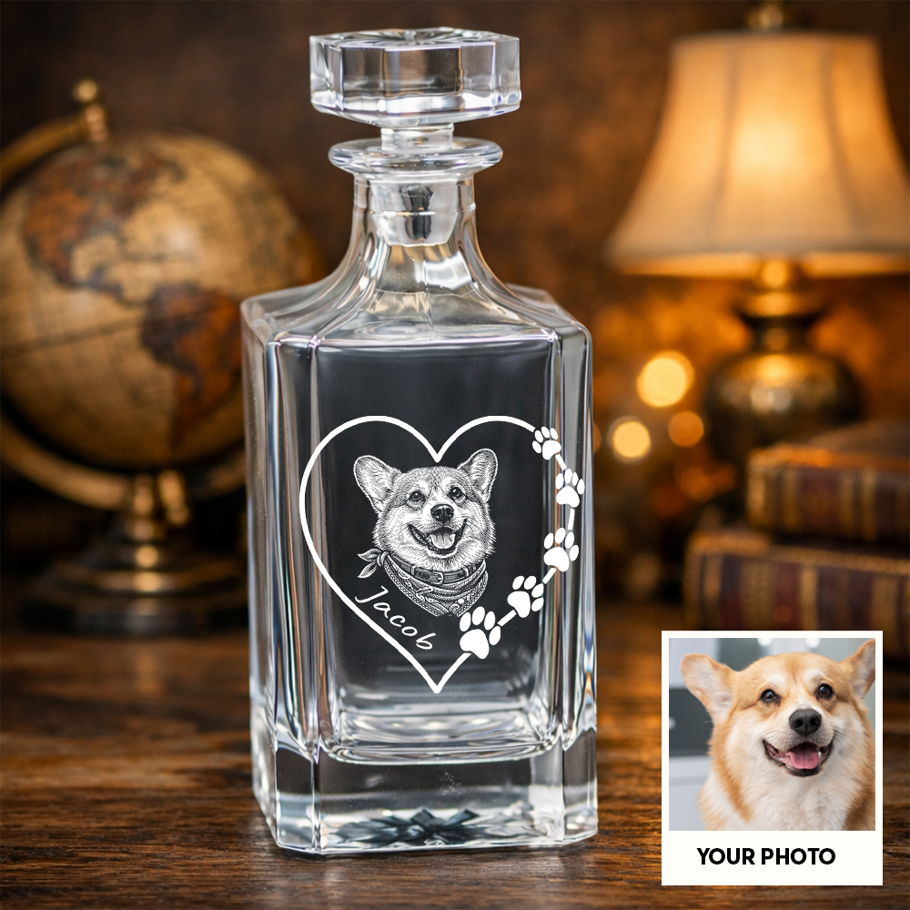 Custom Photo Dog Heart Shape Whiskey Decanter Set with Name, Dog Lover Gift THUC99