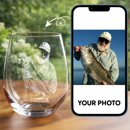 Custom Photo Fishing Memorial Stemless Wine Glass, Personalized In Loving Memory Gift THUC99