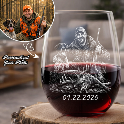 Custom Photo Hunting Memorial Stemless Wine Glass, Personalized In Loving Memory Gift THUC99
